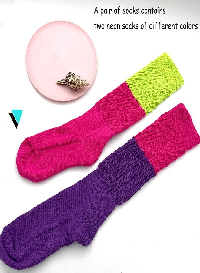 PINCHUAN 1Pairs Neon Socks for Women 80s 90s Neon Slouch Socks Women's Leg Warmers Slouch socks Pink/Green Long Sock Soft Scrunch Knee High Sock 80S neon Outfit-1pairs Color mixing - Image 3